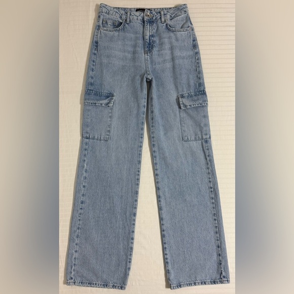 Amy & Ivy Wide Leg Cargo Jeans​ High Rise Light Wash Blue Denim Baggy Size 26 - Picture 1 of 14